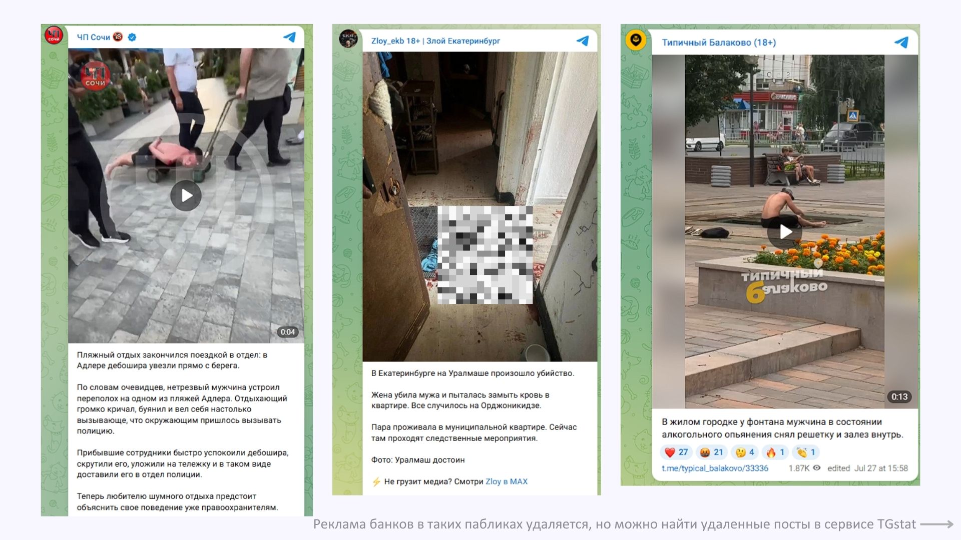 Примеры каналов с контентом 18+, в которых зафиксированы рекламные публикации с упоминанием банковских брендов. Реклама в таких каналах удаляется, след остается в сервисе TGStat
